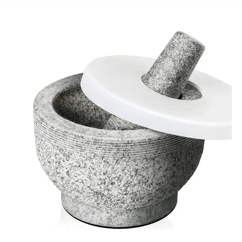 Unpolished Granite Mortar And Pestle Set With Silicone Lid 2 Cup Capacity Garlic Peeler Non Slip Pad 5.5 Inch Spice Grinder
