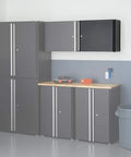 24 Inch Garage Wall Storage Cabinet With Heavy Duty 22 Gauge Steel Wall Mount Design Adjustable Shelf Reversible Door For Tool Storage Cleaning Supplies And Small Gear In Black mounted in a garage.