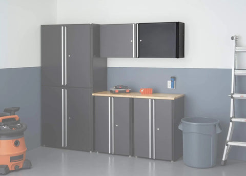 24 Inch Garage Wall Storage Cabinet With Heavy Duty 22 Gauge Steel Wall Mount Design Adjustable Shelf Reversible Door For Tool Storage Cleaning Supplies And Small Gear In Black mounted in a garage.