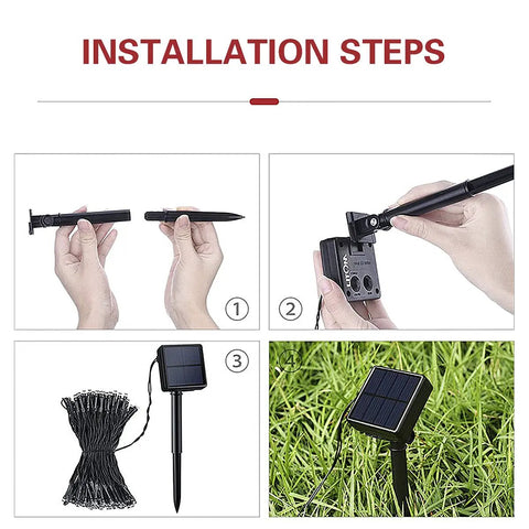 Installation steps for Solar Powered String Lights With 200 LEDs, 72 ft Long, 8 Modes, Waterproof Crystal Globe Balls.
