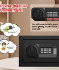 External battery compartment of Compact Fireproof Safe For Home Use With Digital Keypad 1.2 Cu Ft Removable Shelf Stash Your Cash Jewelry Meds.