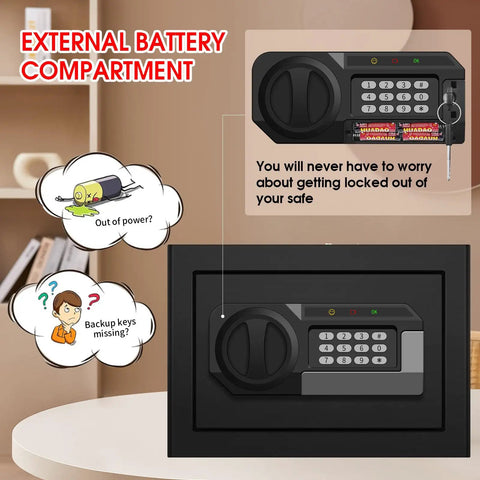 External battery compartment of Compact Fireproof Safe For Home Use With Digital Keypad 1.2 Cu Ft Removable Shelf Stash Your Cash Jewelry Meds.