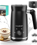 4 In 1 Electric Milk Frother And Steamer with large handle, black finish, for hot or cold foam, with settings dial and accessories