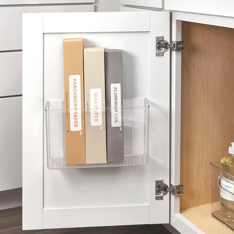 Clear Plastic Wall Mount Organizer For Kitchen Bathroom Office Garage And Craft Room Versatile Wall Mounted Storage Box To Hold Spices Meds Gadgets Toiletries And Small Items Keeps Your Pad Tidy Three Point Five By Eleven By Six Point Five Inches installed on cabinet door holding foil boxes