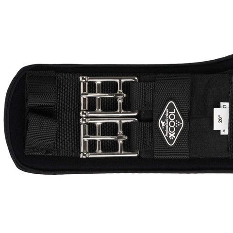 Close-up of 2XCool Dressage Girth With Removable Cooling Liner, showing metal buckles and black fabric