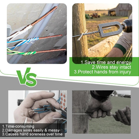 Comparison of Heavy Duty Electric Wire Twisting Tool With 1/4 Inch Hex Shank Alloy Steel in use for fencing and wiring.