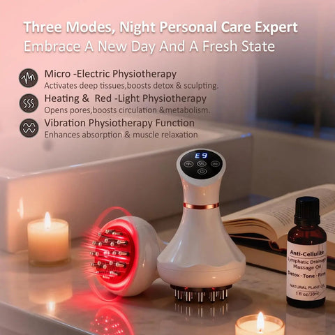 Premium Lymphatic Drainage Massager For Body Shaping With Microcurrent, Vibration, Light And Heat Therapies, displayed on a surface.
