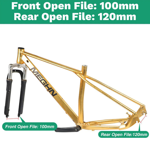 Gold bike frame with suspension fork, showing 100mm front and 120mm rear open file measurements, no wheels attached.