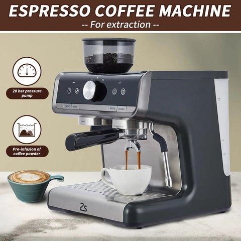 Straight Up Pro Grade 20 Bar Espresso Machine Packs Adjustable Conical Burr Grinder And Reliable Milk Frother Steam Wand brewing espresso.