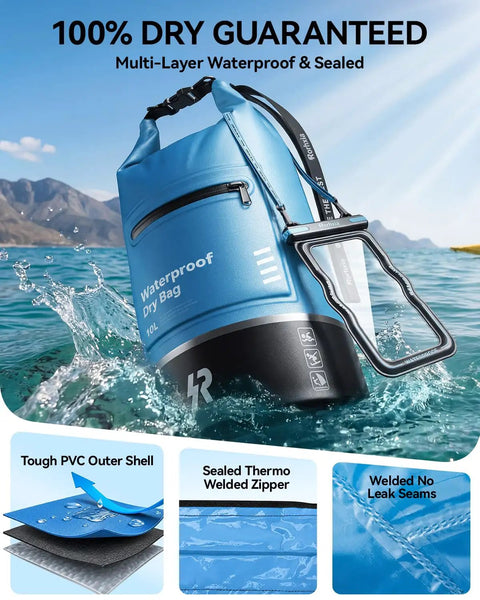 10L Waterproof Dry Bag With Floating Roll Top Bonus Phone Case Non Toxic PVC For Kayaking Beach Fishing Gym Camping And All Outdoor Adventures Durable Tearproof Build Go To Gear, blue bag in water