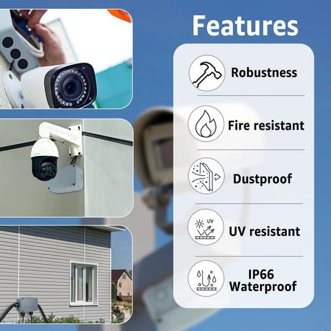 Security cameras and features including IP66 waterproof, robustness, fire resistant, dustproof, UV resistant.
