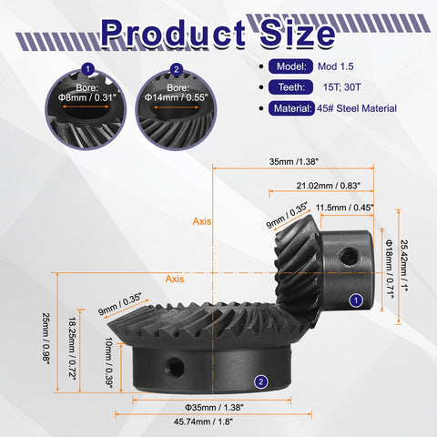 90 Degree Bevel Gear Set One To Two Ratio Two Ground Spiral Beveled Gears With 8mm And 14mm Bores Left Hand And Right Hand 15T And 30T Teeth Includes 5x2.3mm Keyways For Precision Gearbox And DIY Robotics Projects