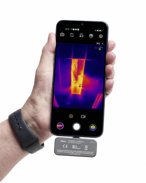 iSee Mobile Thermal Camera For Android Phones With 25Hz Imaging And 1022F Temperature Range Real Time Image Sharing Ultra Portable Quick Start Pro Grade Thermal Analysis For Home Work And Field Inspections attached to phone showing thermal image