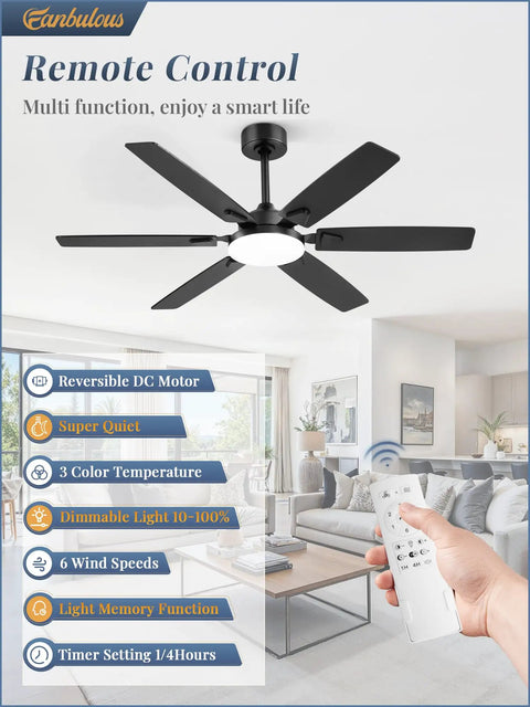 52 Inch Indoor Outdoor Ceiling Fan With Lights, Modern Reversible Blades, Quiet DC Motor, shown with remote control