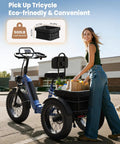 Electric Trike For Adults With 960W Peak Power Full Suspension And Reverse Gear Top Speed 15 MPH Sick All Terrain E Trike Built For Comfort Easy Cruising Durable Ride For Everyday Fun, 500 lb cargo trike with rear basket and rider loading groceries