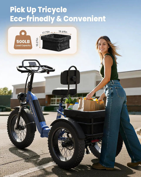 Electric Trike For Adults With 960W Peak Power Full Suspension And Reverse Gear Top Speed 15 MPH Sick All Terrain E Trike Built For Comfort Easy Cruising Durable Ride For Everyday Fun, 500 lb cargo trike with rear basket and rider loading groceries