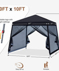 Effortless Pop Up Gazebo Canopy With Mosquito Netting 10x10 Black For Quick Setup Sturdy Steel Frame No Fuss Outdoor Shade Keeps Bugs Out Perfect For Backyard Patio Events And Camping shown with dimensions and adjustable legs.