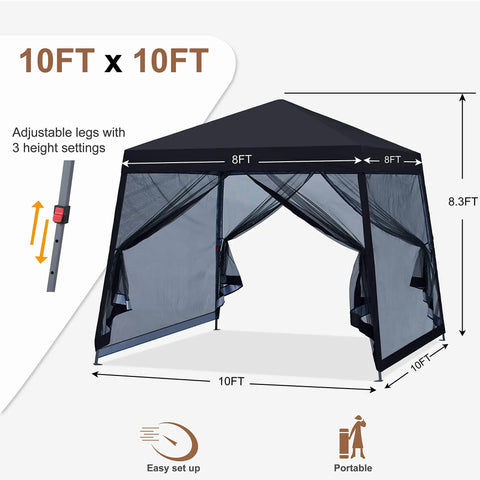 Effortless Pop Up Gazebo Canopy With Mosquito Netting 10x10 Black For Quick Setup Sturdy Steel Frame No Fuss Outdoor Shade Keeps Bugs Out Perfect For Backyard Patio Events And Camping shown with dimensions and adjustable legs.