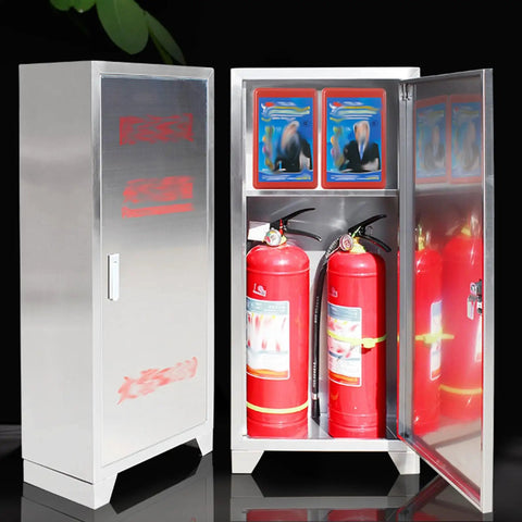 Heavy Duty Outdoor Fire Extinguisher Cabinet With Lock Weatherproof Steel Safety Storage Box And Tempered Glass Display For Commercial Industrial Tough As Nails Gear with open door showing fire extinguishers.