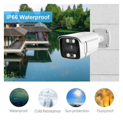 Plug And Play 8CH PoE Security Camera NVR Kit Delivering True 4K Ultra HD Clarity And Smart AI Face Detection For Easy Home And Driveway Lockdown Setup Anywhere, waterproof design with mounting on exterior wall.