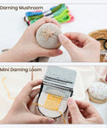 Hands using Mini Darning Loom Patch Kit For Jeans And Socks Repair Includes Speedweve Patchmaker Style Darning Loom Mushroom Wood Tool.