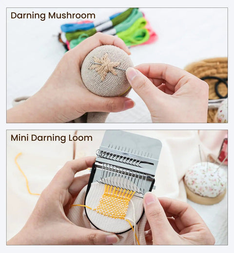 Hands using Mini Darning Loom Patch Kit For Jeans And Socks Repair Includes Speedweve Patchmaker Style Darning Loom Mushroom Wood Tool.