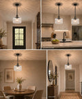 HXXLFONEDP 2 Pack Glass Pendant Lights for Kitchen Island, Matte Black hanging in kitchen island and hallway, clear ribbed glass design.