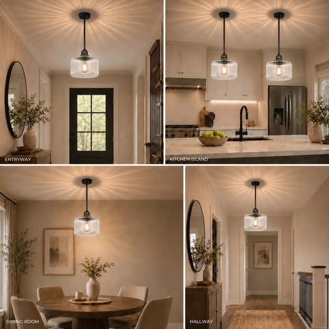 HXXLFONEDP 2 Pack Glass Pendant Lights for Kitchen Island, Matte Black hanging in kitchen island and hallway, clear ribbed glass design.