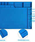 Large 21.6 By 16.9 Inch Electronics Repair Mat With Silicone Soldering Surface, Magnetic Pad And Anti Static Wrist Strap Insulation Work Station For Computer Laptop MacBook Tablet And Phone 48 Built In Screw Storage Slots, shown in blue with labeled compartments for parts.
