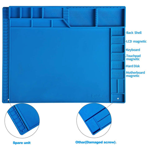 Large 21.6 By 16.9 Inch Electronics Repair Mat With Silicone Soldering Surface, Magnetic Pad And Anti Static Wrist Strap Insulation Work Station For Computer Laptop MacBook Tablet And Phone 48 Built In Screw Storage Slots, shown in blue with labeled compartments for parts.