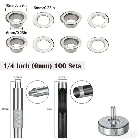 1/4 Inch Grommet Tool Kit With 100 Grommets And Punch Set For Fabric Leather And Canvas Durable Silver Metal Eyelets Kit For DIY Projects