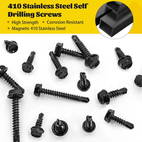 Black Self Tapping Screws Kit For Metal 170 Piece Assortment With Sizes Eight By Half Inch Eight By Three Quarter Inch Ten By One Inch Ten By One And Half Inch Hex Washer Head Self Drilling Screws 410 Stainless Steel Ideal For Light Metal Repairs And DIY.