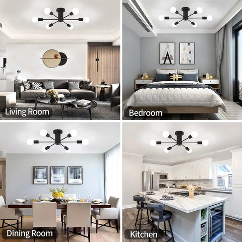 Dope Black Modern Sputnik Ceiling Light Fixture 6 Light Chandelier in dining room, living room, bedroom, and kitchen