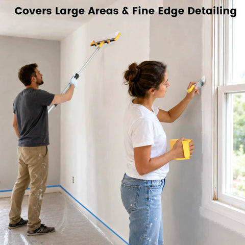 Two people using the 18 Inch Paint Roller Kit With Extension Pole Rocks Smooth Microfiber Covers For Hella Quick Wall Coverage.