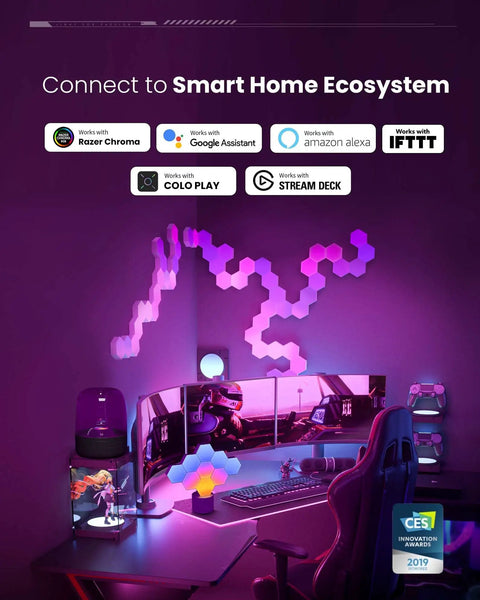 RGB Hexagon Wall Lights For PC Setup above gaming desk with smart home compatibility logos displayed on the screen background.