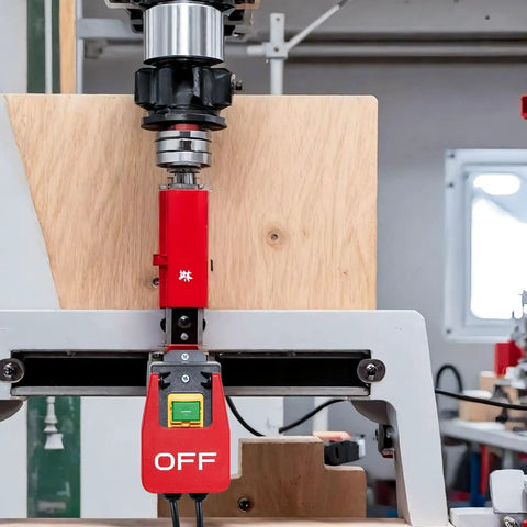 110V 16A Table Saw Emergency Stop Paddle Switch installed on heavy duty router table, knee-activated safety control, plug-in design