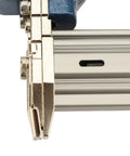 Close-up of Rugged Cast Aluminum Air Brad Nailer Slick Pneumatic Kick No Hassle Jam Free 10 To 30Mm Nails showing magazine and nozzle.