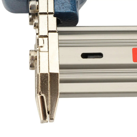 Close-up of Heavy Duty Cast Aluminum Air Brad Nailer showing magazine and nozzle details, designed for woodworking and trim.