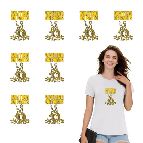 Iron On Stickers For Clothing Eight Pack Easy To Apply Durable Heat Transfers For DIY Fashion And Custom Decor With Dope Varied Patterns For Personal Style. white T-shirt mockup with Waiting on Parts design