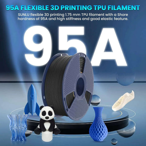 Crazy Fast Prints TPU Filament 1.75mm 1kg 95A Flexible Black for Most FDM 3D Printers with 3D printed models showcased
