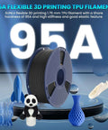95A flexible 3D printing TPU filament with models including rocket, panda, and sneaker