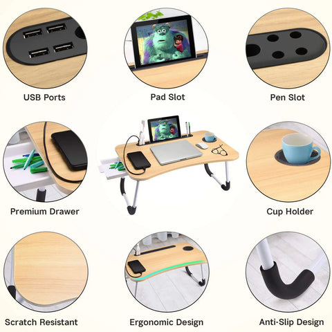 Foldable Laptop Desk For Bed Or Couch, Portable Laptop Table With Drawer, Breakfast Tray, features like USB ports, cup holder
