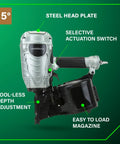 Coil Framing Nailer For One And Three Quarters To Three And One Half Inches Pro Preferred Pneumatic Framing Tool features.