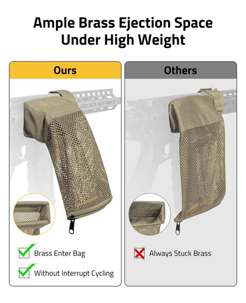 Comparison of heat resistant mesh brass shell catcher with padded casing quick release and zippered bottom against another model