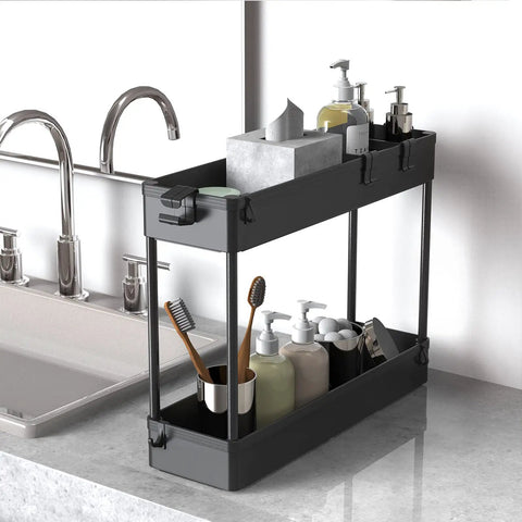 Slim Four Tier Storage Cart Rolling Organizer near sink holding toiletries in black, narrow gaps shelving unit for kitchen bathroom