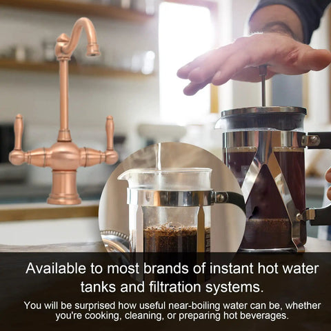 Two-Handle Copper Drinking Water Filter Faucet with Dual Lever Hot and Cold Water, kitchen setup with press coffee pot