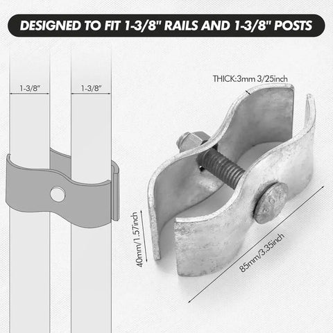 18 Piece Chain Link Fence Clamps Set For Dog Kennels 1 3 8 Inch Galvanized Steel Easy Install For Pipe And Panel Frames Rust And Corrosion Resistant Construction showing dimensions and design for 1-3/8 inch pipes