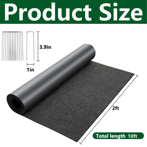 10 By 2 Ft Recycled Felt Mulch Mat Roll For Landscaping Garden Pathways And Weed Barrier Eco Friendly Durable Reusable Fabric Walkway Mat With 10 Stakes For Plants Vegetables And Flowers Outdoor, showing mat and stakes dimensions.