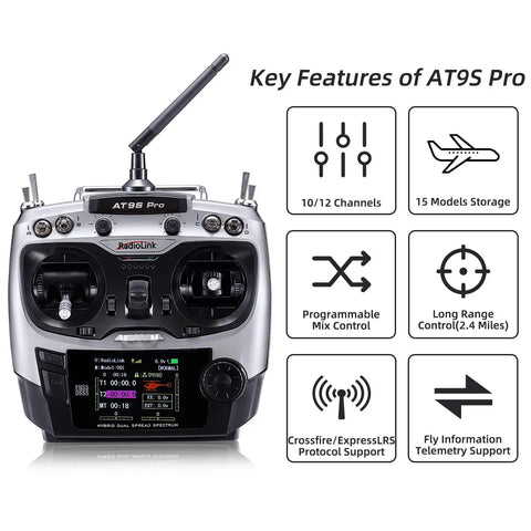 Ten And Twelve Channel Radio Transmitter And Receiver With Beefed Up Long Range And DSSS FHSS Tech featuring AT9S Pro model