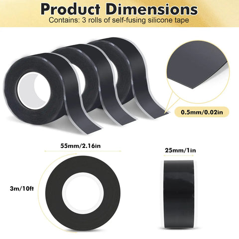 Self Fusing Silicone Tape Three Rolls For In A Pinch Emergency Pipe And Plumbing Repair Rubber Rescue Tape, dimensions details.